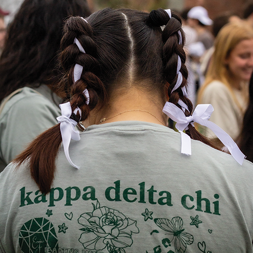 a woman seen from the back with dark braided hair with pink ribbons and a kappa delta chi t-shirt